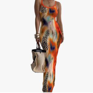 Orange Leopard Sleeveless Bodycon Maxi Dress